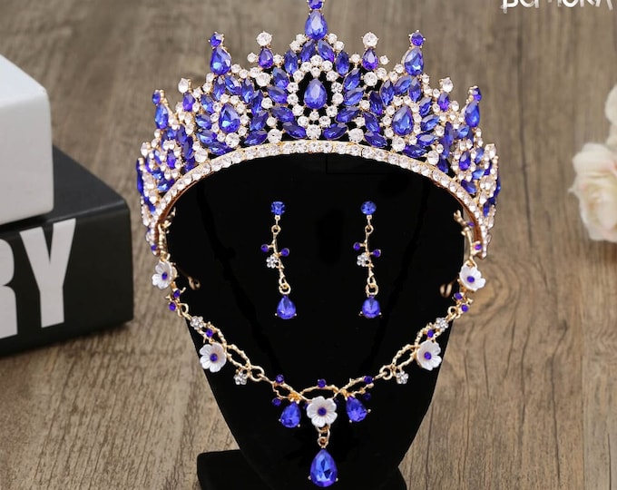 Diadem Wedding Blue Pink Light Gold Royal Jewelry Set Pageant Crown Necklace Earrings Gorgeous Quinceanera Tiara Sweet 16 Bridal Accessories