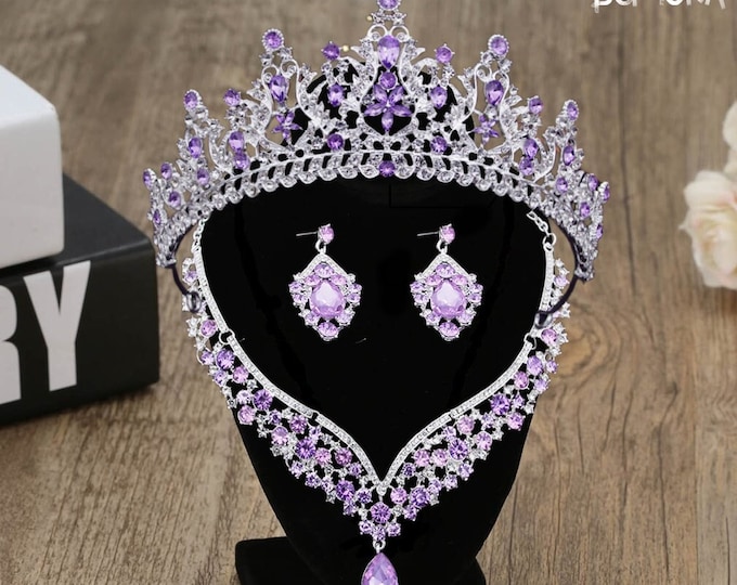 Purple Baroque Crystal Bridal Tiara - Quinceanera Crown, Lavender Tiara, Necklace and Earrings Wedding Headpiece, Purple Crown, Prom Jewelry