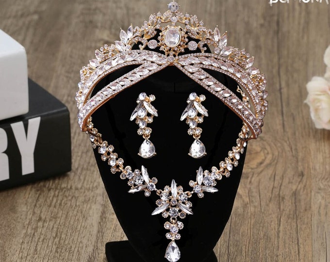 Baroque NEW Gold Crystal Tiara - Elegant Wedding Crown with Necklace Earrings, Perfect Bridal Accessory Gift, Luxurious Jewelry Set Gift