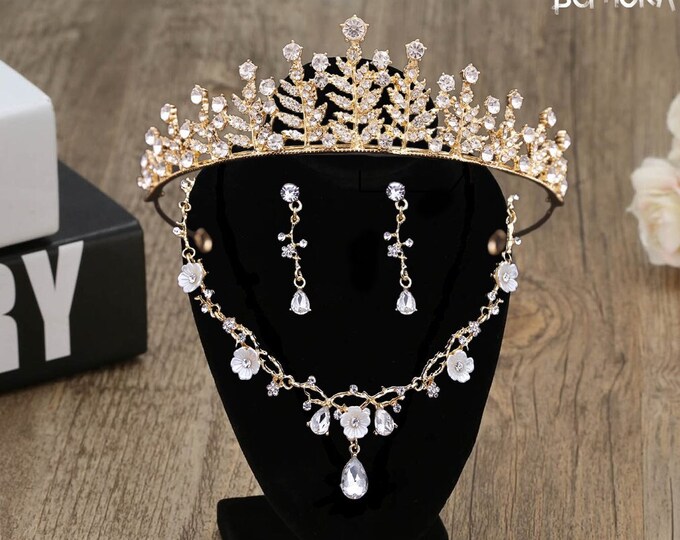 Handmade Princess Crystal Water Tiaras Crown - Queen Pageant, Quinceanera Bridal Hair Jewelry, Wedding Dress Accessories, Necklace Earrings