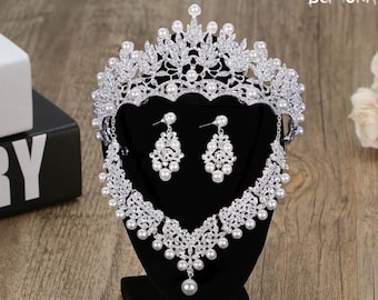 Quinceanera Crystal Pearl Bridal Tiara Jewelry Set – Princess Wedding Crown with Necklace and Earrings