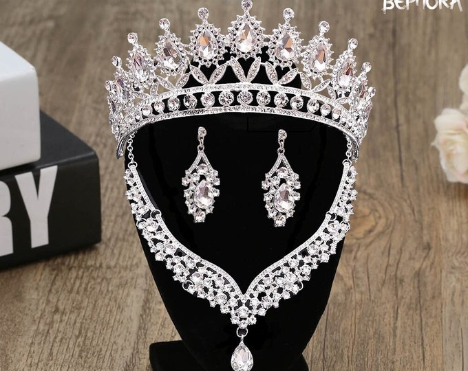 BEPHORA Handmade New Silver Crystal  Bride Luxury Rhinsetone Queen Tiara Crown Necklace Earrings Women Wedding Hair Jewelry Sets Accessories