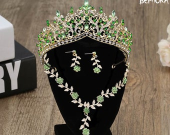 Quinceanera Crown, Bridal Jewelry Set, Prom, Wedding Earrings, V Shape Necklace, Green Light Jewelry, Green Earrings, Green Light Necklace