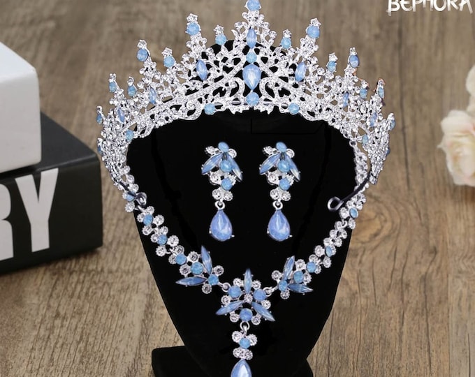 Enchanting Light Blue Opal Bridal Tiara - Quinceanera Crown, Baby Blue Sweet 15 Crown, Opal Jewelry Set Necklace Earrings, Wedding Set