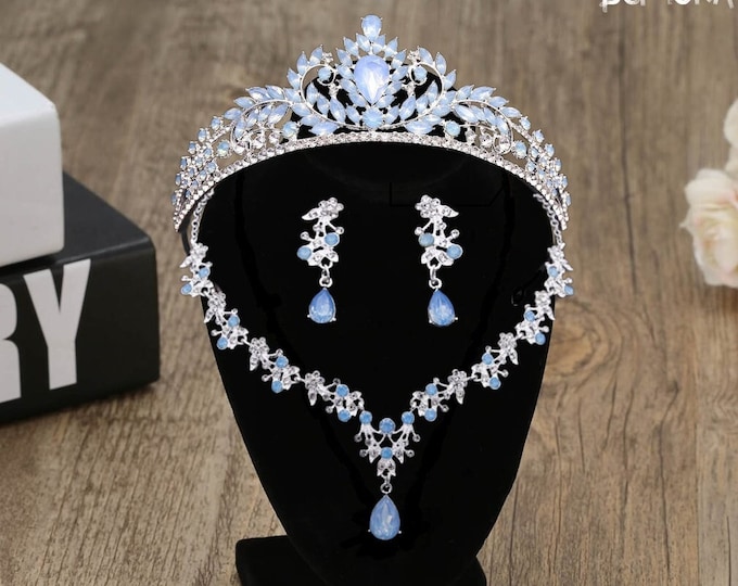 Diadem Wedding New Blue Green Royal Jewelry Set Gift Pageant Crown Necklace Earrings Gorgeous Quinceanera Tiara Dress Bridal Accessories