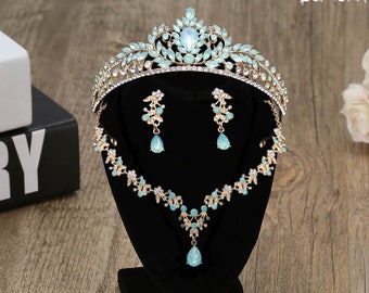Quinceanera Green Opal Bridal Tiara Jewelry Set – Crystal Crown with Necklace and Earrings