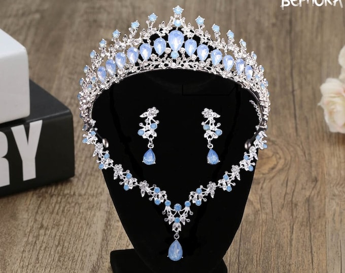 Light NEW Blue Opal Bridal Tiara - Elegant Quinceanera Crown, Baby Blue Sweet 15 Accessory, Complete Opal Jewelry Set for Wedding Gifts