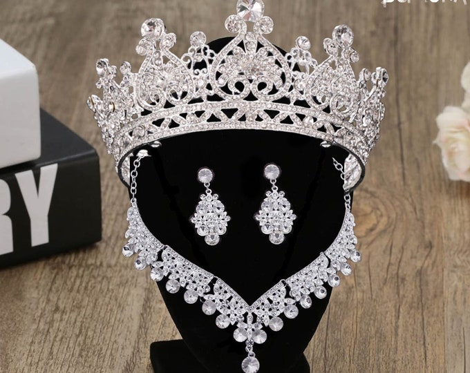 Diadem Wedding Large Full Circle Silver Gold Royal Jewelry Set Pageant Crown Necklace Earrings Quinceanera Tiara Sweet 16 Bridal Accessories