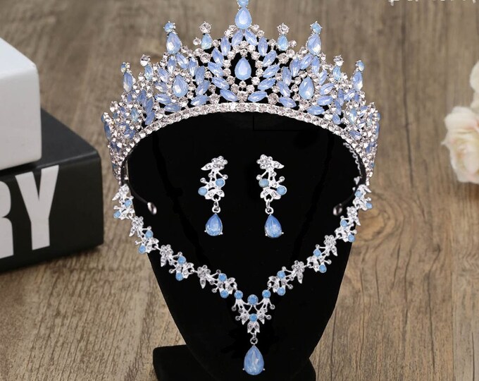 Diadem Wedding Blue Silver Gold Royal Jewelry Set Pageant Crown Necklace Earrings Set Dress Quinceanera Tiara Sweet 16 Bridal Accessories