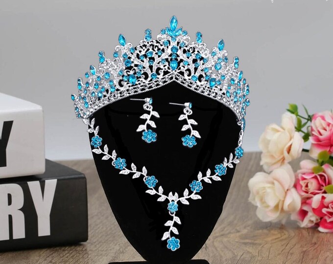 Periwinkle Blue Light Bridal Tiara, Light Blue Opal Jewelry Set for Bride, Necklace Earrings, Light Blue Wedding Jewelry Set, Light Blue