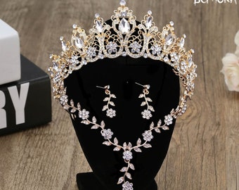 Quinceanera Crystal Bridal Tiara Jewelry Set – Gold Baroque Crown with Necklace and Earrings