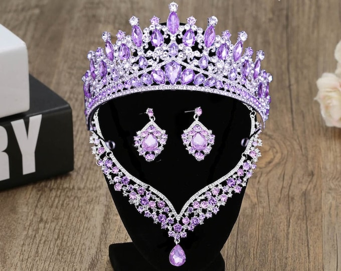 Regal Quinceanera Jewelry Set - Sparkling Purple Silver Crystal Crown, Necklace, Earrings- Birthday Princess Gift - Perfect Sweet 16 Gift