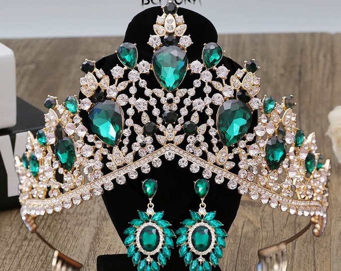 Regal NEW Baroque Green Crystal Tiara - Vintage Queen Crown With Comb Earrings, Gold Bridal Diadem for Wedding, Elegant Hair Accessory Gift