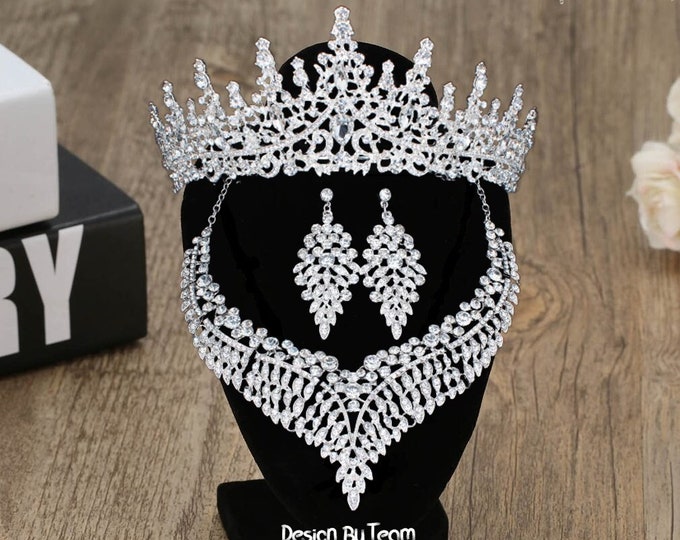Diadem Wedding NEW Silver Luxury Crystal Bridal Princess Jewelry Set Gift Pageant Crown Headpiece Quinceanera Tiara Dress Bridal Accessories