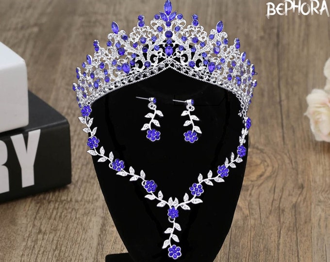 Periwinkle Blue Silver Bridal Tiara, Light Blue Opal Jewelry Set for Bride, Necklace Earrings, Light Blue Wedding Jewelry Set, Light Blue