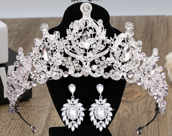 Luxury Rhinestone Beads Bridal Crown Earrings Tiaras - Silver Color Crystal Diadem Tiaras Bride Headbands, Wedding Hair Accessories, Tiara