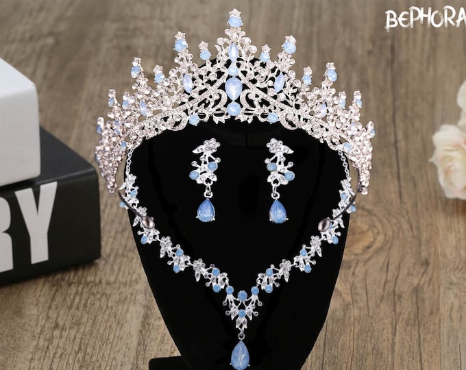 Light Blue Opal Bridal Tiara - Quinceanera Crown, Blue Opal Jewelry Necklace Earrings, Baby Blue Quince Crown, Sweet 16 Crown, Wedding Set
