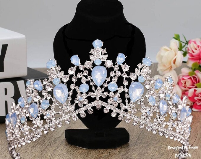 Diadem Wedding Blue Silver Gold Crystal Jewelry Set Pageant Crown Necklace Earrings Gorgeous Quinceanera Tiara Sweet 16 Bridal Accessories