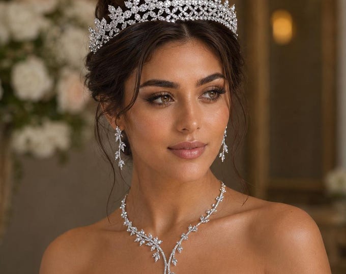 Crystal Bridal Tiara Necklace Earrings Set, Silver Royal Wedding Jewelry 31