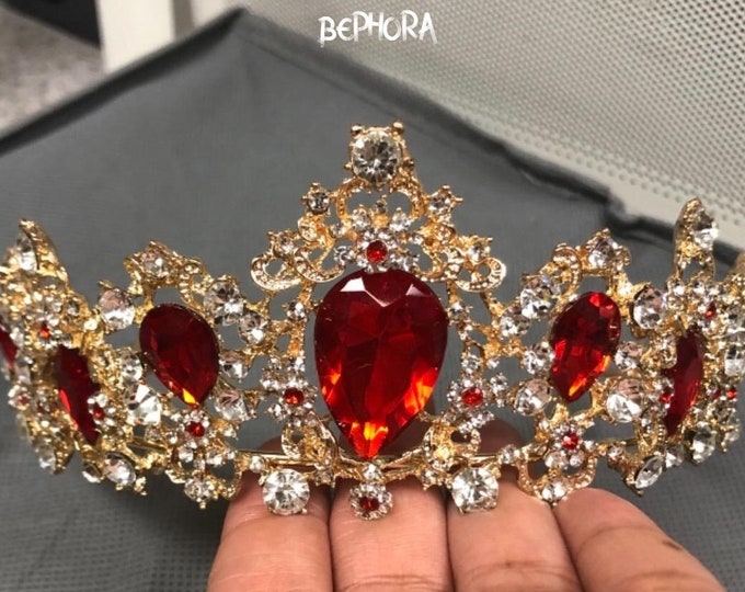 BEPHORA Handmade Gold Red 2022 Princess Crystal Hairbands Bridal Crystal Rhinestone Queen Tiaras and Crowns Women Wedding Hair Accessories