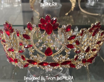 Red Gold Crystal Bridal Crown: Handmade Rhinestone Queen Tiara