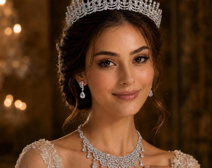 Crystal Bridal Tiara Necklace Earrings Set, Silver Royal Wedding Jewelry 29