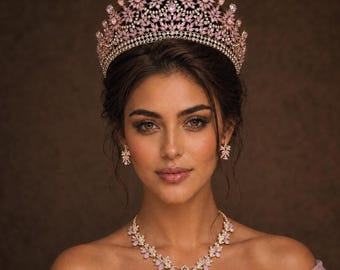 Pink Crystal Quinceanera Crown: Bridal Jewelry Set