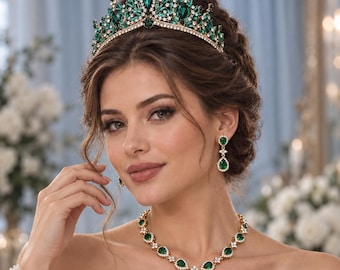 Crystal Bridal Tiara Necklace Earrings Set, Gold Green Royal Wedding Jewelry 2