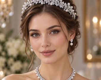 Crystal Bridal Tiara Necklace Earrings Set, Silver Luxury Pearl Royal Wedding Jewelry 40