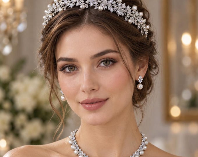 Crystal Bridal Tiara Necklace Earrings Set, Silver Luxury Pearl Royal Wedding Jewelry 40