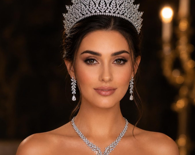 Crystal Bridal Tiara Necklace Earrings Set, Silver Royal Wedding Jewelry 14