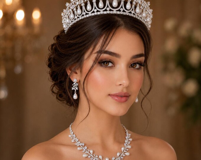 Crystal Bridal Tiara Necklace Earrings Set, Silver Royal Wedding Jewelry 16