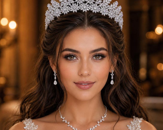 Crystal Bridal Tiara Necklace Earrings Set, Silver Royal Wedding Jewelry 24
