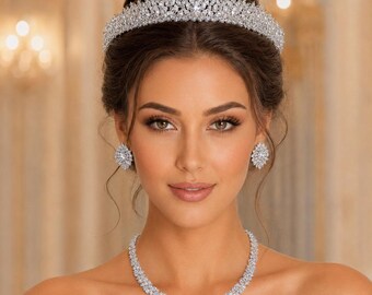 Crystal Bridal Tiara Necklace Earrings Set, Silver Royal Wedding Jewelry 17