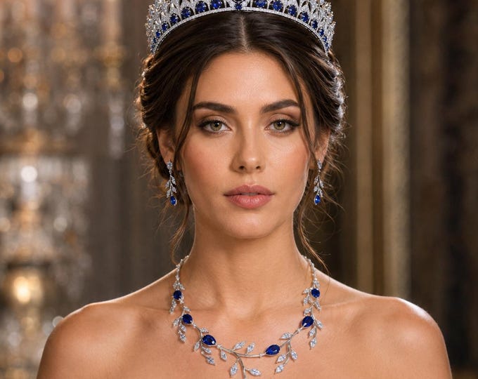 Crystal Bridal Blue Tiara Necklace Earrings Set, Silver Royal Wedding Jewelry 30