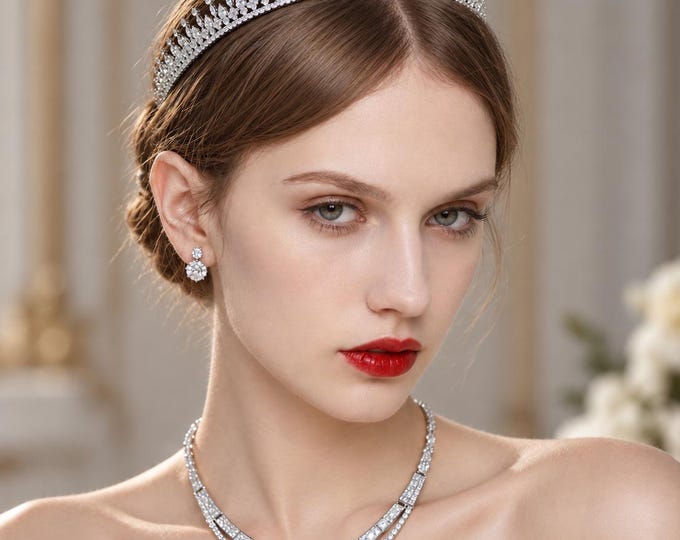Crystal Bridal Tiara Necklace Earrings Set, Silver Royal Wedding Jewelry 36
