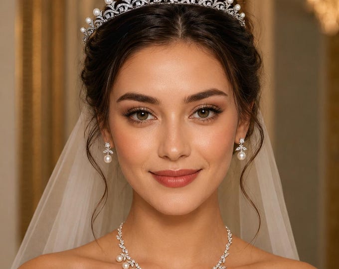 Crystal Pearl Bridal Tiara Necklace Earrings Set, Silver Pearl Royal Wedding Jewelry 28