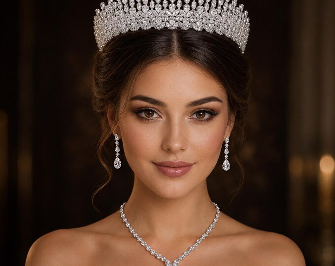 Crystal Bridal Tiara Necklace Earrings Set, Silver Royal Wedding Jewelry 15