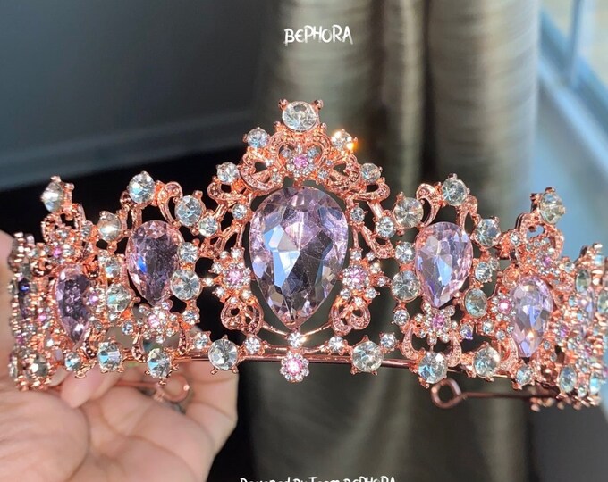 Luxury Baroque Crystal Pink Queen Crown Tiara - Wedding Bridal Hair Accessories, Tiaras Women Adult Gift Party Hair Jewelry, Pink Tiara