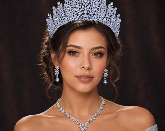 Light Blue Opal Tiara, Crown, Necklace, Earrings Set, Bridal Jewelry, Sweet 15