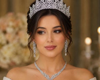 Crystal Bridal Tiara Necklace Earrings Set, Silver Royal Wedding Jewelry 33