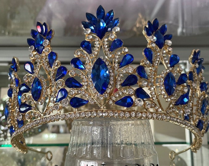 BEPHORA Handmade Luxury Blue Gold Crystal Heart Jewelry Bridal Rhinestone Veil Pearls  Leaf Royal Queen Star Crown Tiara Women Hair Diadem