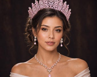 Pink Gold Light SET Opal Tiara, Crown, Necklace, Earrings Set, Bridal Jewelry, Sweet 15