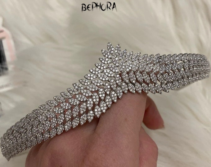 BEPHORA Handmade Luxury Silver Color Sparkling Crystal Bridal Rhinestone Headdress Leaf Royal Queen Veil Tiara Crown Women Geometric Diadem