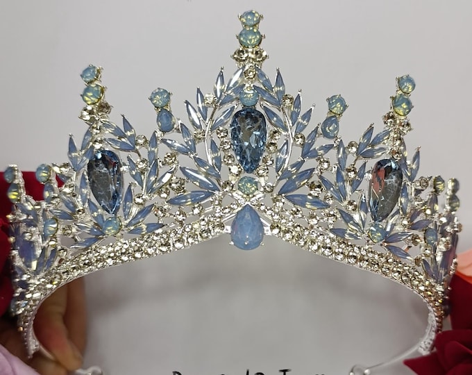Opal Tiara Jewelry Set: Light Blue Crystal Quinceanera Crown, Necklace, Earrings