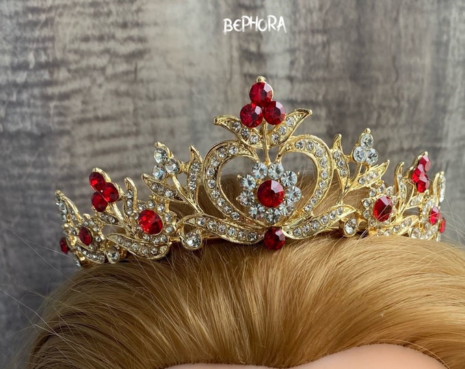 BEPHORA Handmade New Bridal Rhinestone Gold Red Headpiece Luxury Queen Tiara and Crown Women Pageant Diadem Wedding Hair Jewelry Accessories