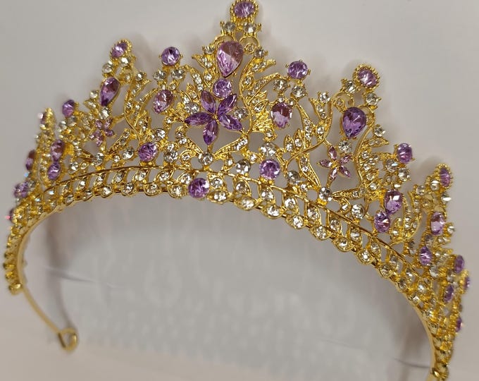 Regal Purple Crystal Bridal Crown - Baroque Quinceanera 15 Tiara with Necklace & Earrings, Lavender Gold Prom Headpiece, Purple Baroque