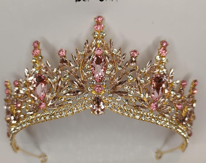 NEW Pink Baroque Crystal Quinceanera Crown - Pink Gold Tiara, Necklace Earrings, Bridal Jewelry Set, Wedding Headpiece Crown, Prom Jewelry
