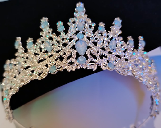 Light Blue Opal Bridal Tiara - Quinceanera Crown, Blue Opal Jewelry Necklace Earrings, Baby Blue Quince Crown, Sweet 16 Crown, Wedding Set