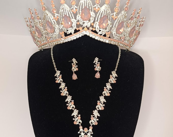 NEW Periwinkle Pink Opal Bridal Tiara - Light Pink Opal Jewelry Set for the Bride, Necklace Earrings, Light Blue Wedding Quinceanera gifts